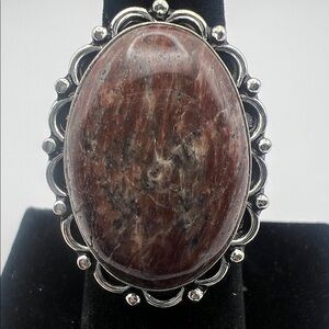 Brown Jasper Oval Silver overlay Statement Ring size 8